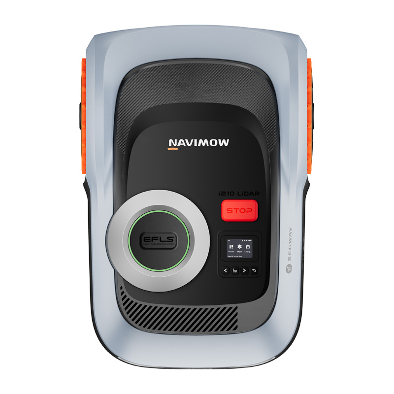 Szürke fűnyíró robot narancssárga díszítéssel, Navimow logóval és stop gombbal.