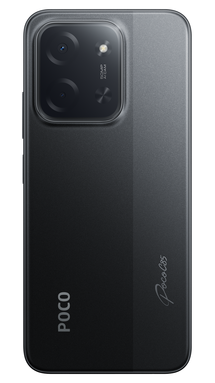 Parte trasera de un smartphone negro con cámara triple y logo Poco C35.