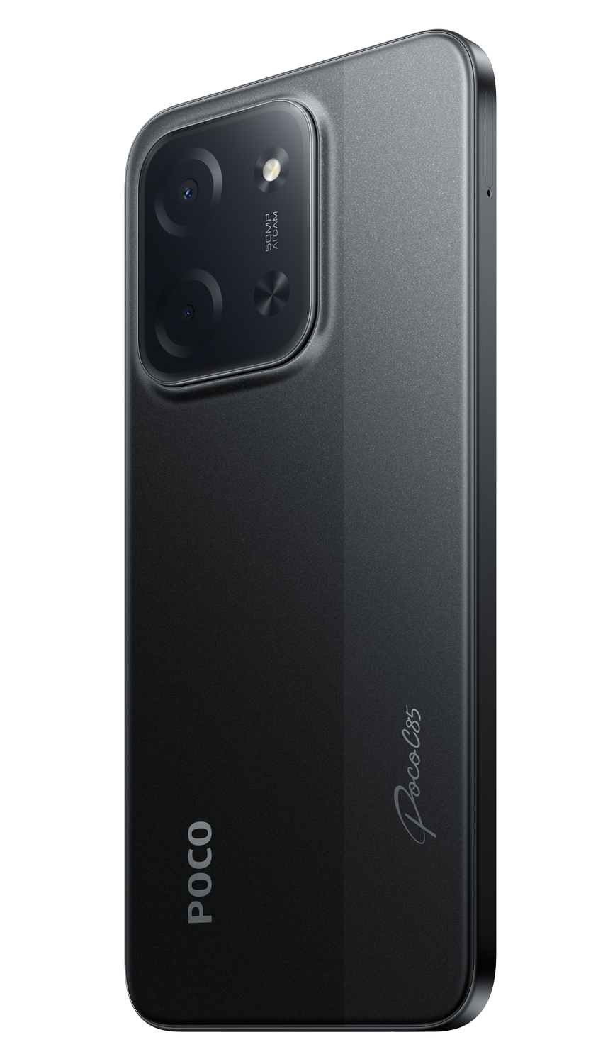 Parte trasera de un smartphone Poco C55 negro con cámara y logo.