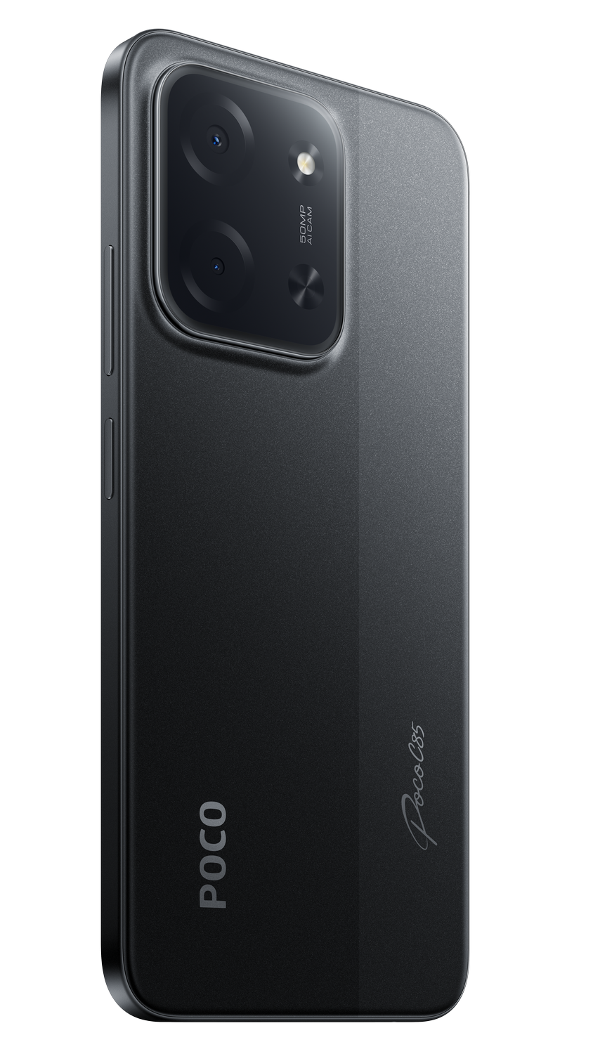 Parte trasera de un smartphone negro con tres cámaras y logo POCO C85.
