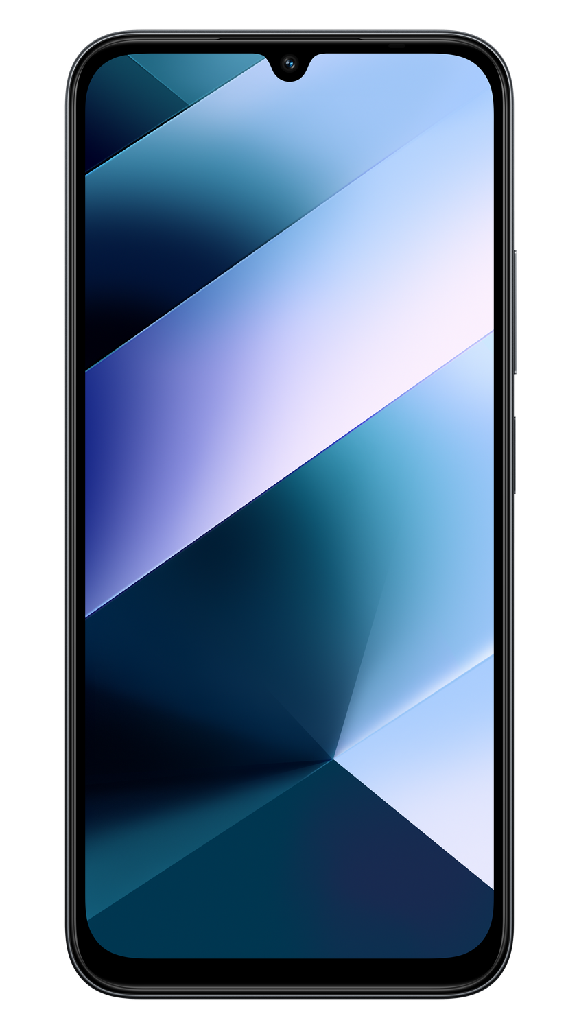 Un smartphone que muestra un fondo de pantalla abstracto azul y blanco.