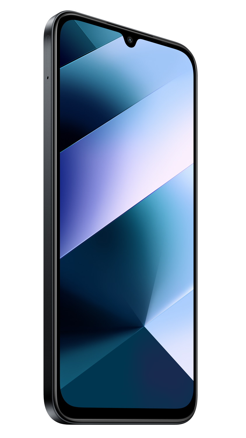 Un smartphone negro con muesca de gota de agua y fondo abstracto azul.