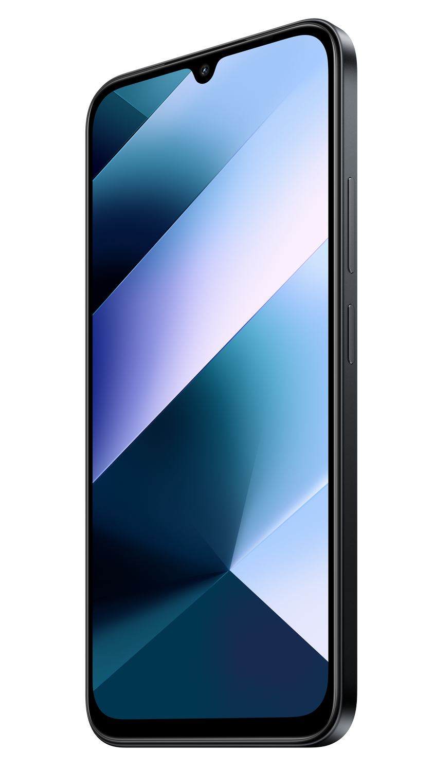 Un smartphone oscuro con un fondo de pantalla abstracto azul y blanco.