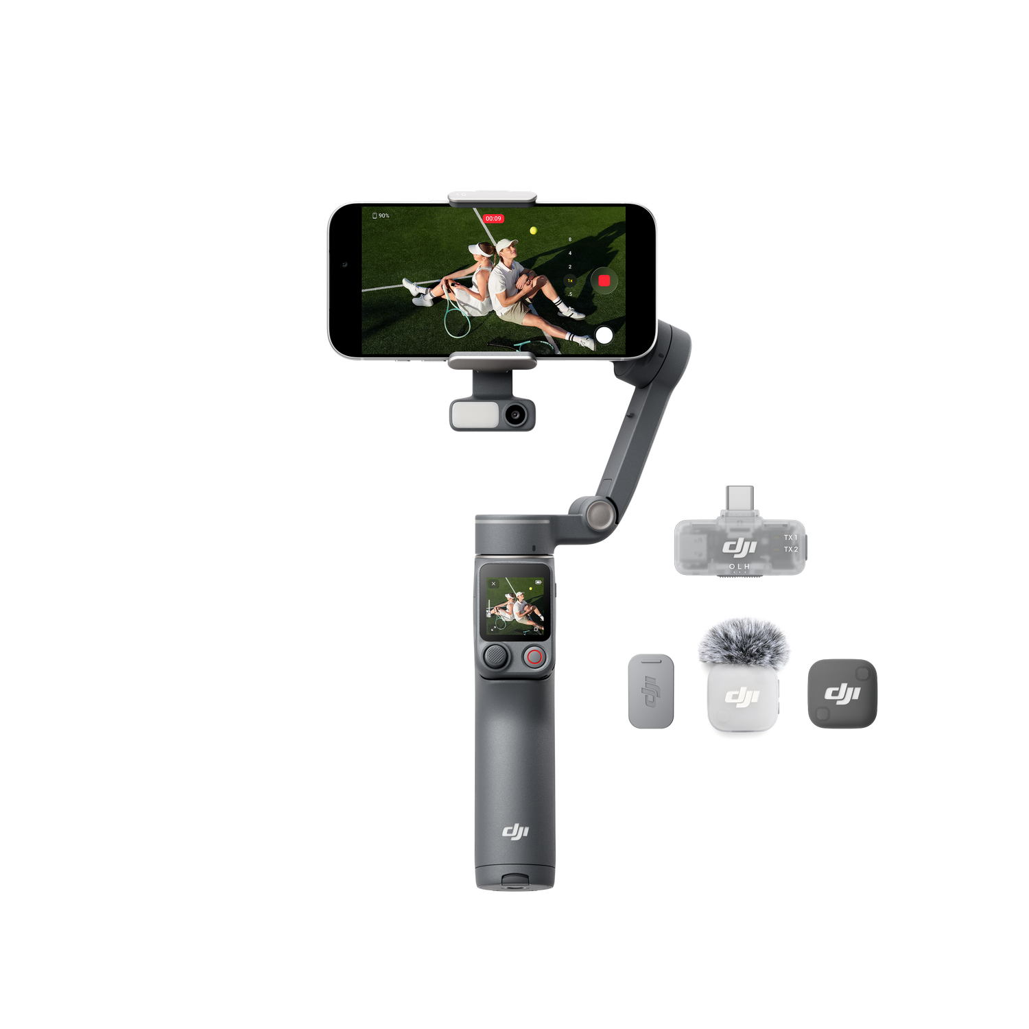 Gimbal gris con pantalla de smartphone que muestra a dos tenistas. Accesorios al lado.