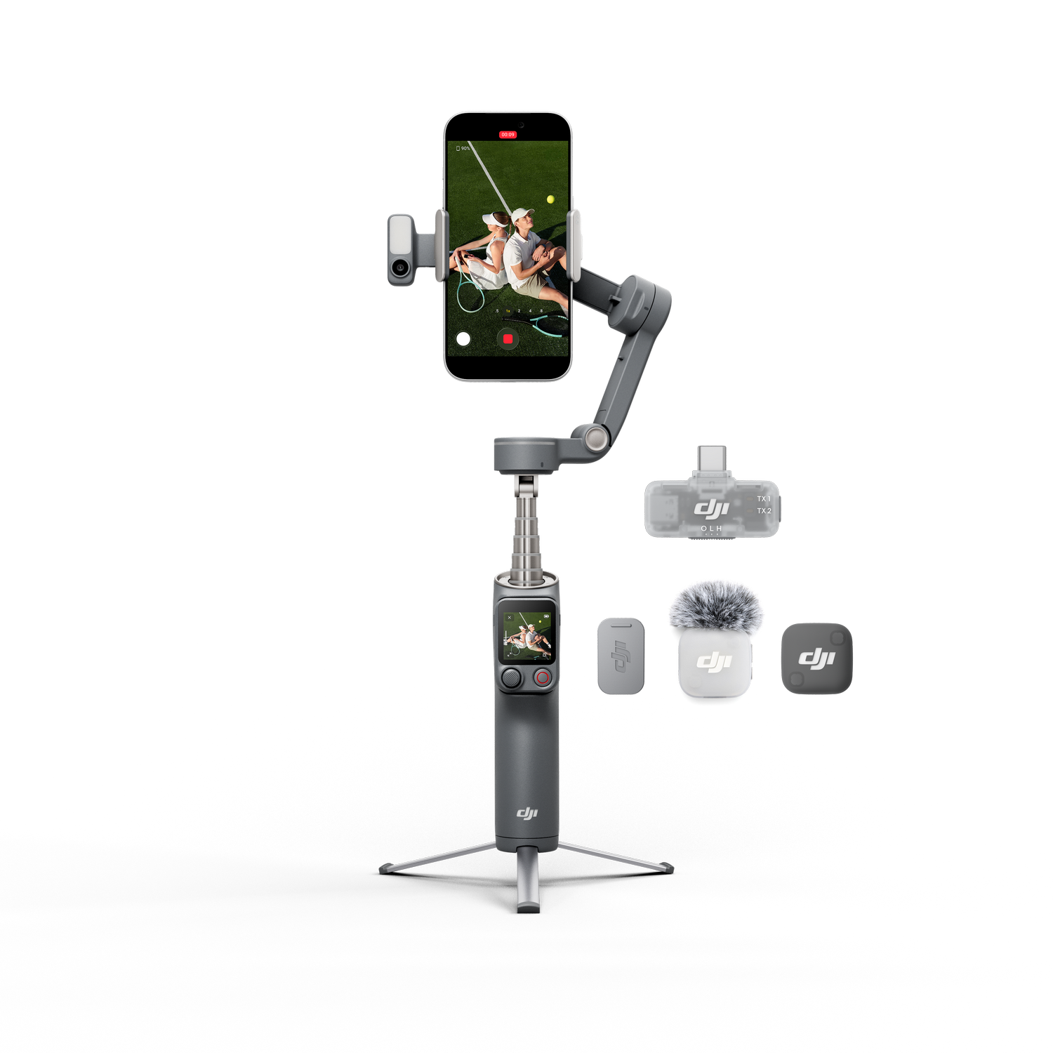 Un gimbal DJI gris con un teléfono y accesorios como micrófono y transmisor.