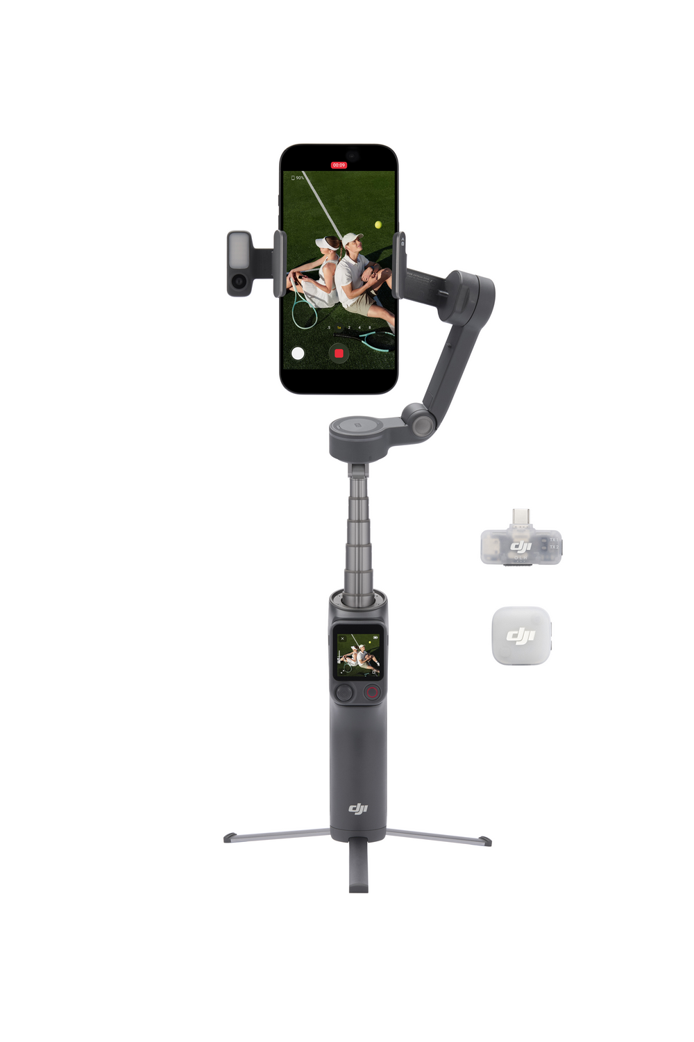 Gimbal gris con teléfono mostrando tenistas, con accesorios.