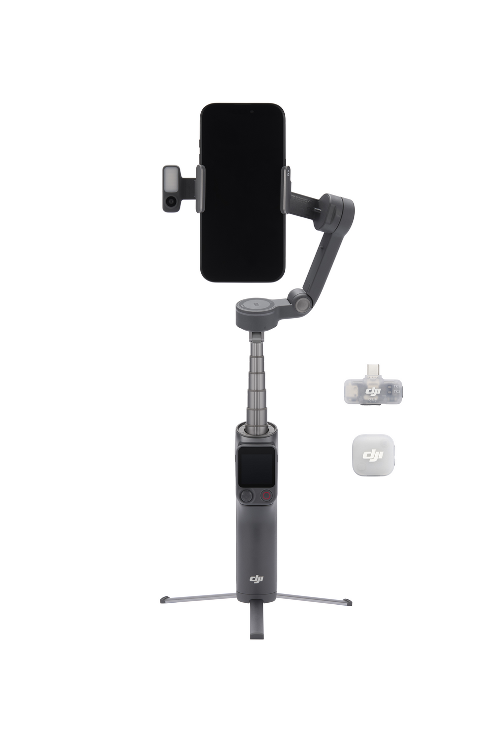 Gimbal gris con teléfono, palo extensible, trípode y accesorios.