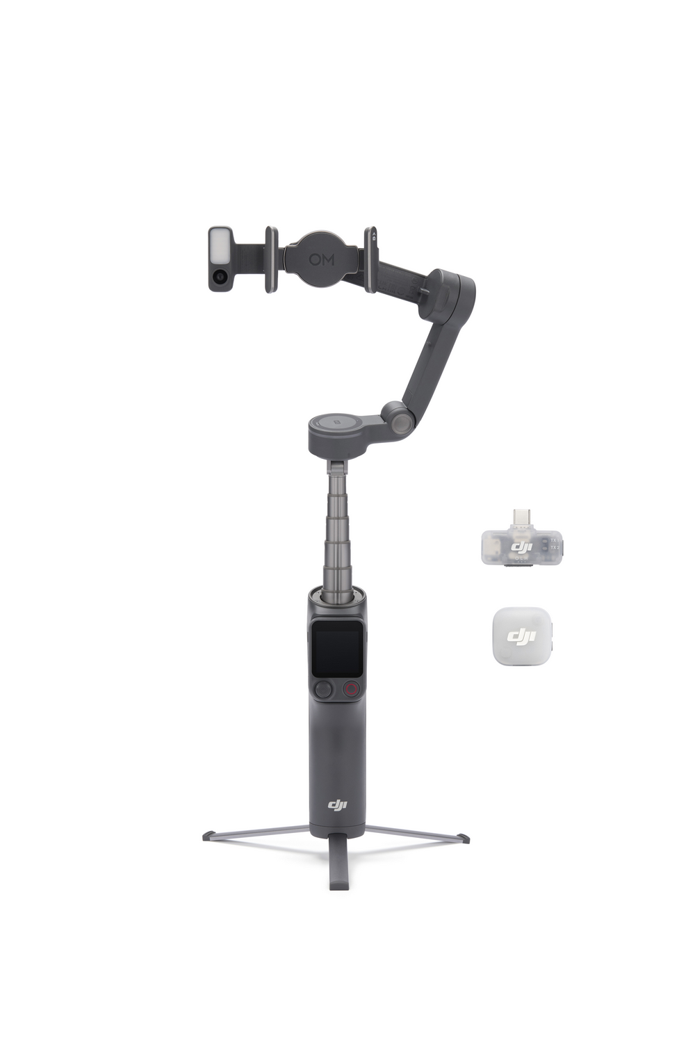 Un cardán DJI OM gris con soporte para teléfono, trípode y dos pequeños accesorios.