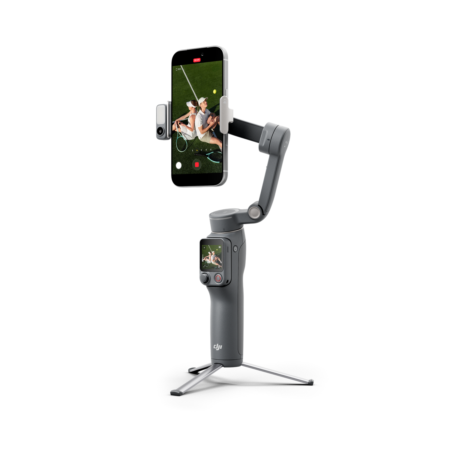 Gimbal gris con smartphone que muestra a dos tenistas.