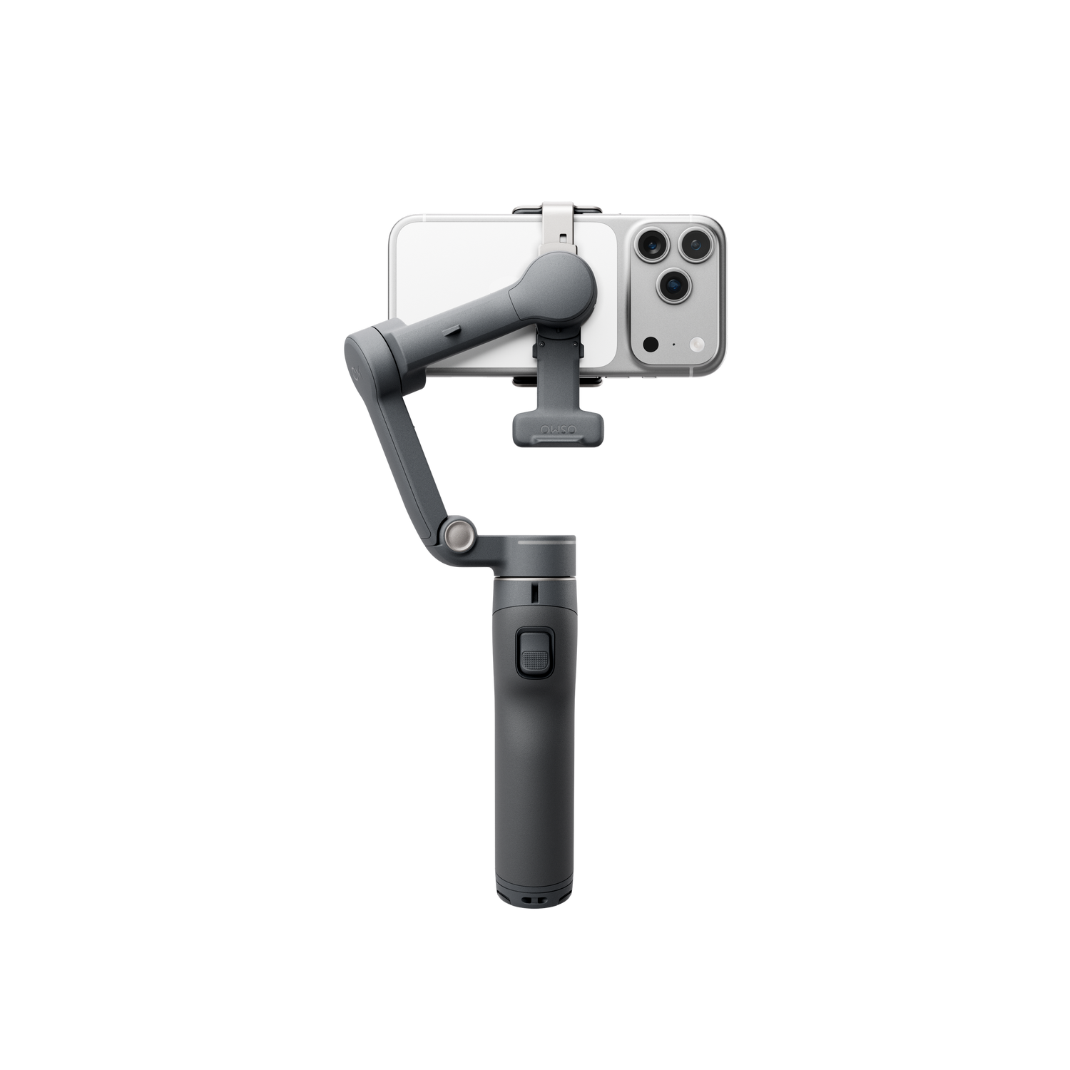 Un cardán gris para smartphone con un smartphone blanco montado.