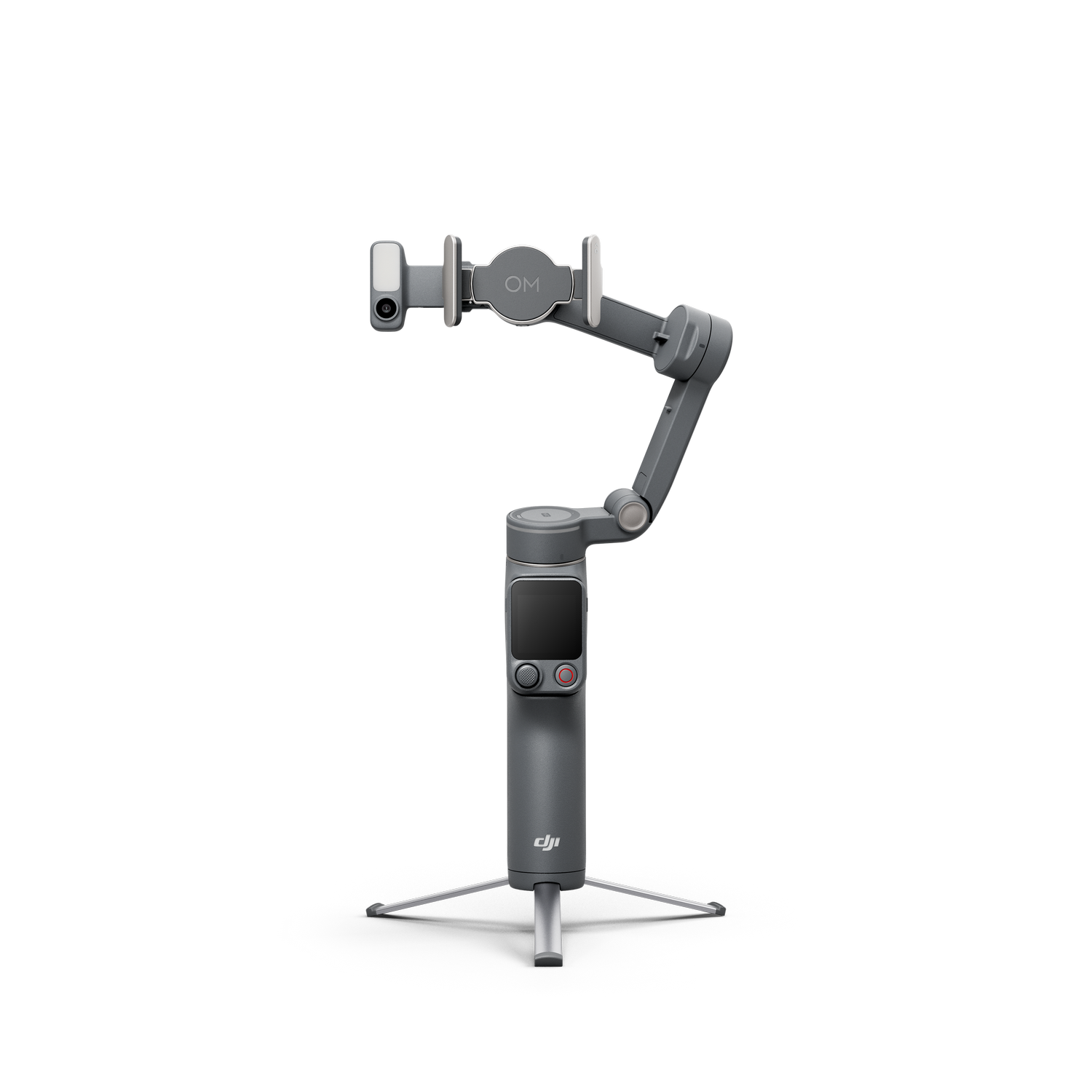 Gimbal gris de tres ejes con soporte para teléfono, pantalla y trípode.