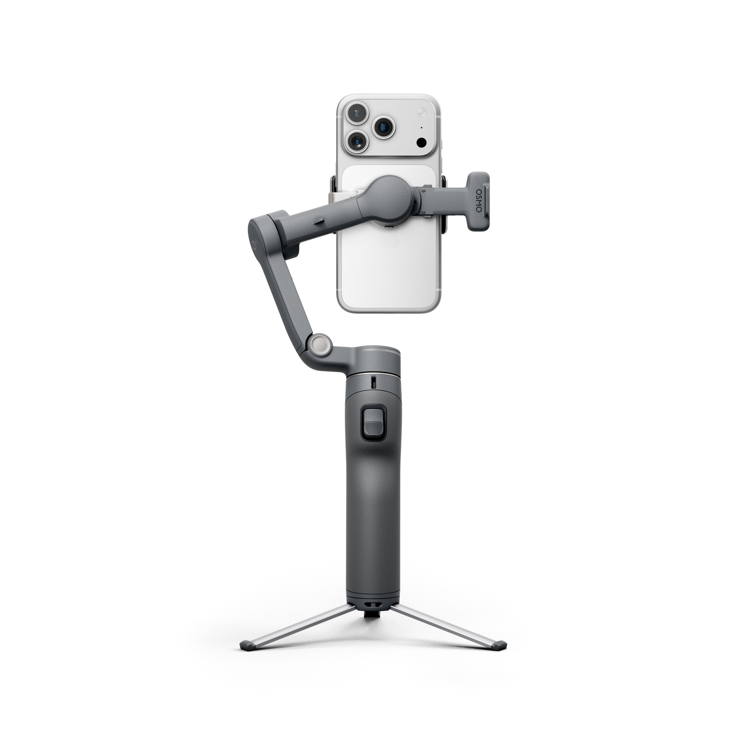 Un gimbal gris para móvil con trípode plegable y un smartphone blanco.
