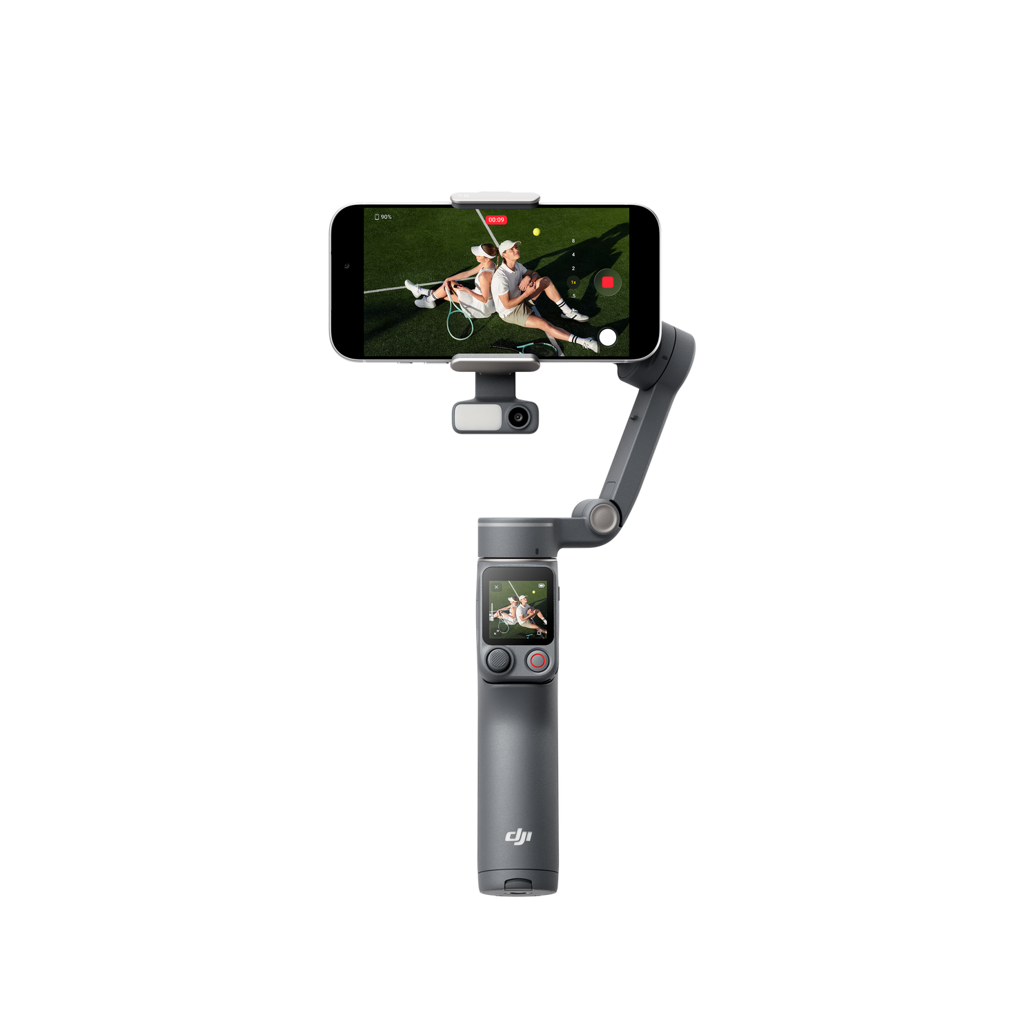 Gimbal gris con smartphone que muestra a dos tenistas en cancha de césped.
