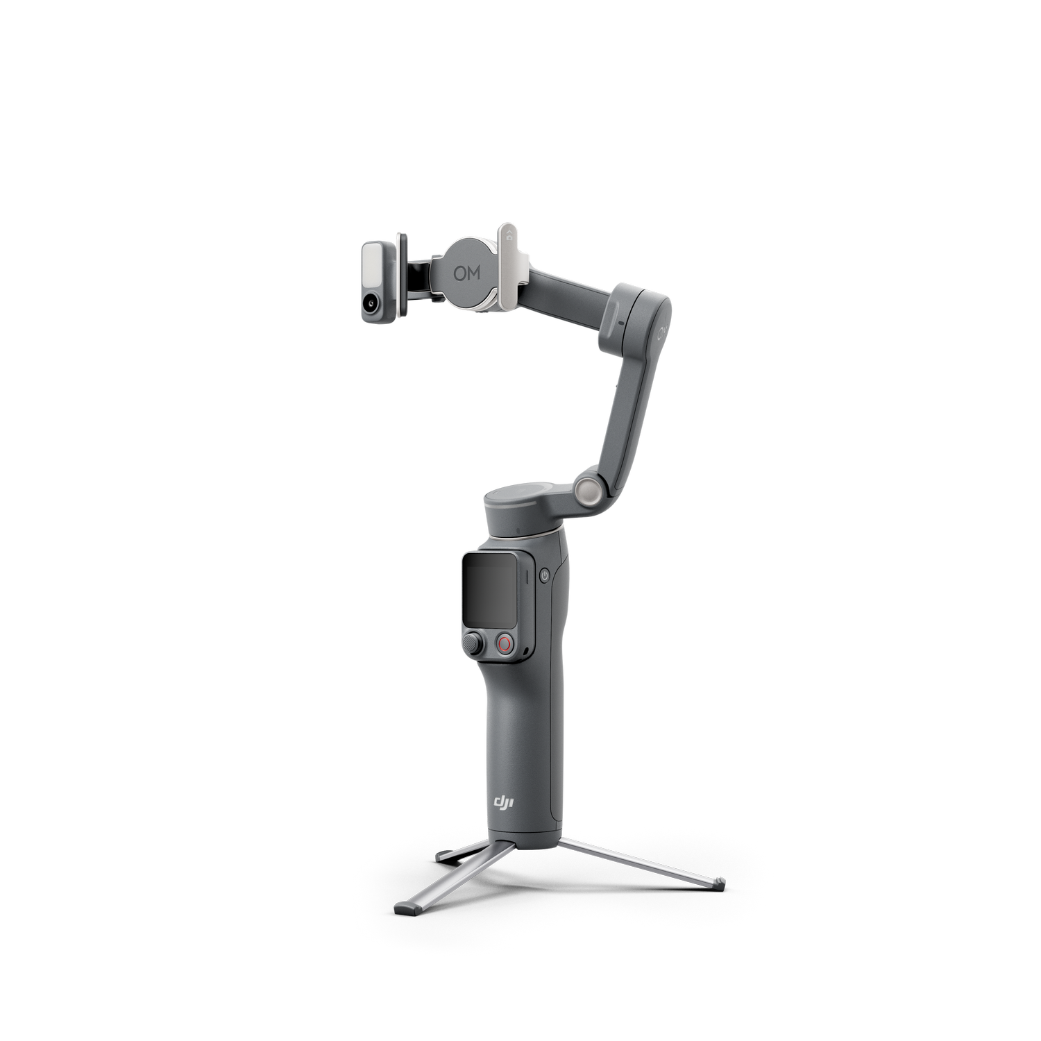 Gimbal gris con soporte para teléfono y mini trípode sobre fondo oscuro.