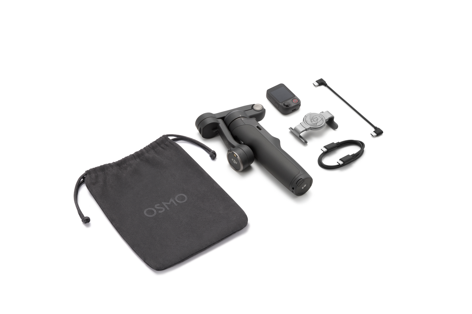 Gimbal gris con bolsa, pantalla pequeña, soporte y cables sobre fondo blanco.