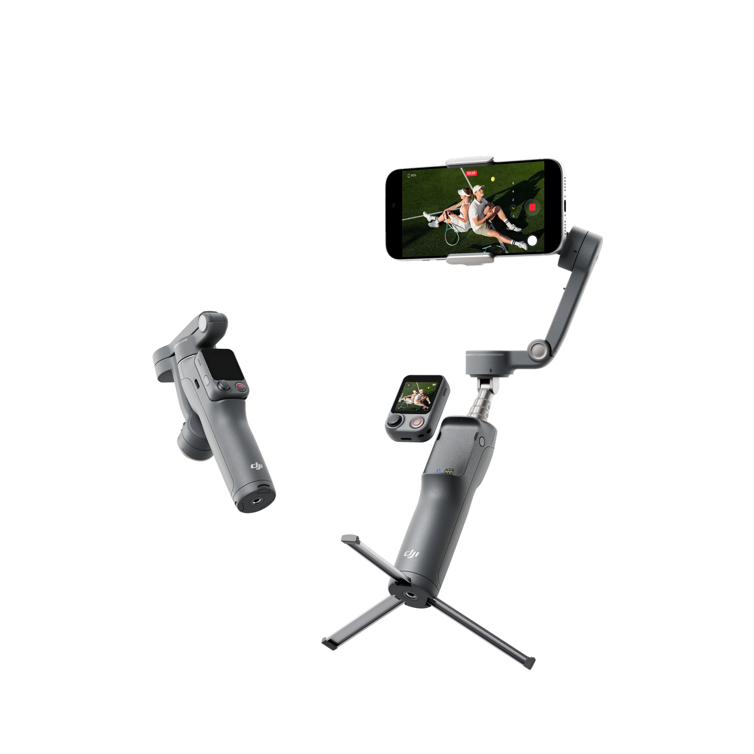 Dos gimbals DJI grises. Uno sostiene un teléfono mostrando tenistas. Uno tiene un trípode.