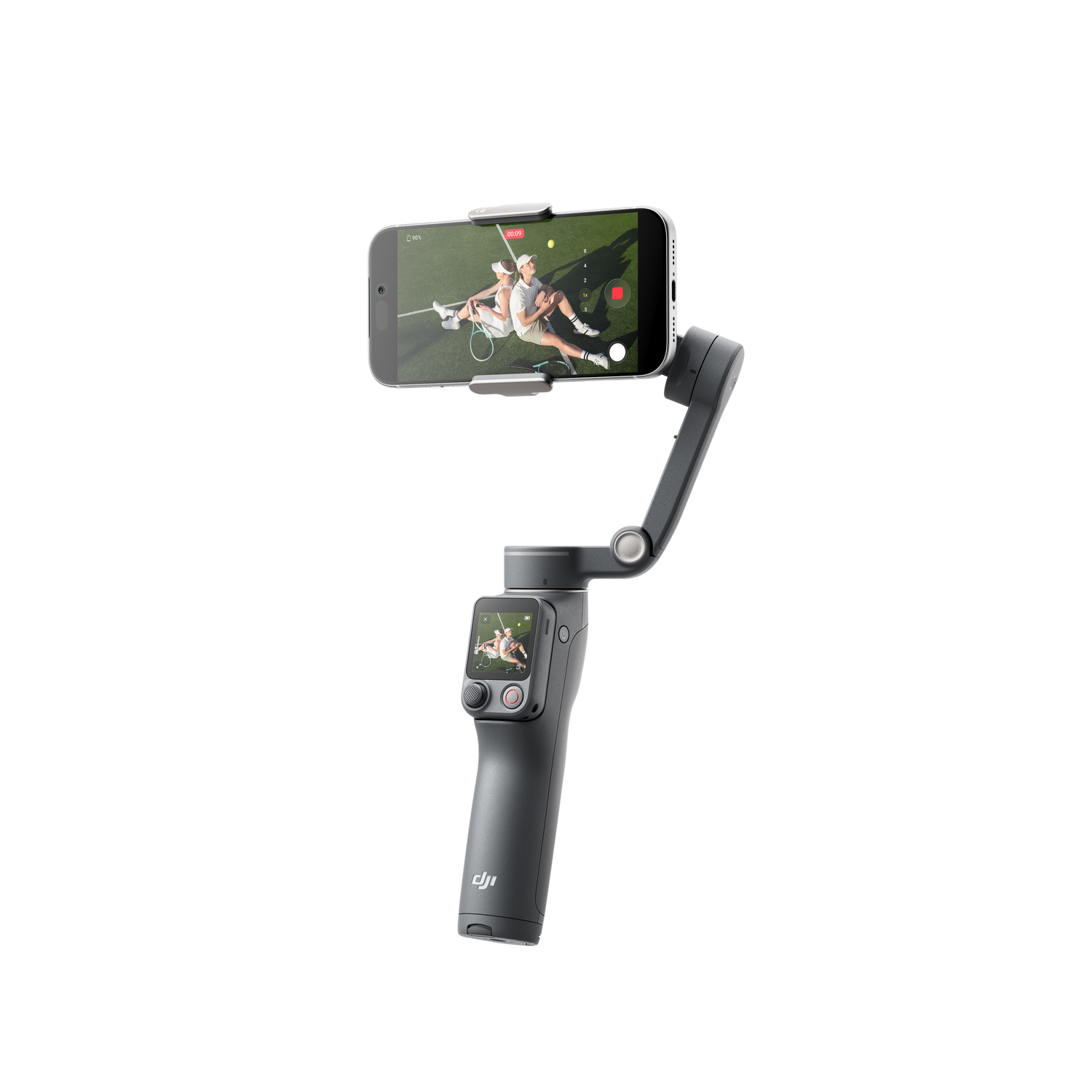 Un gimbal sostiene un teléfono que muestra un partido de tenis.
