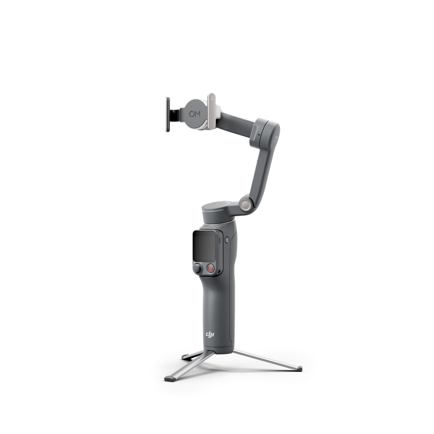Gimbal gris con trípode pequeño y soporte para teléfono.