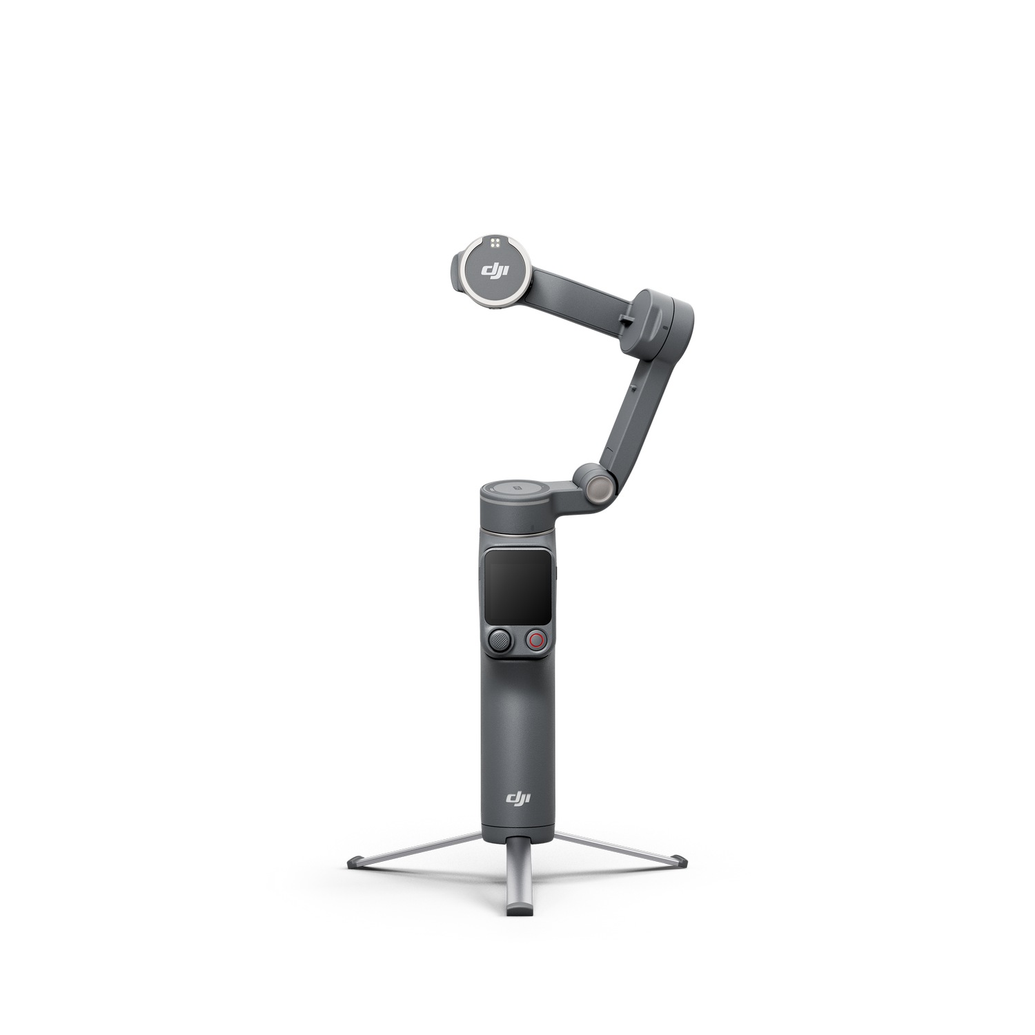 Gimbal gris con trípode desplegable y panel de control.