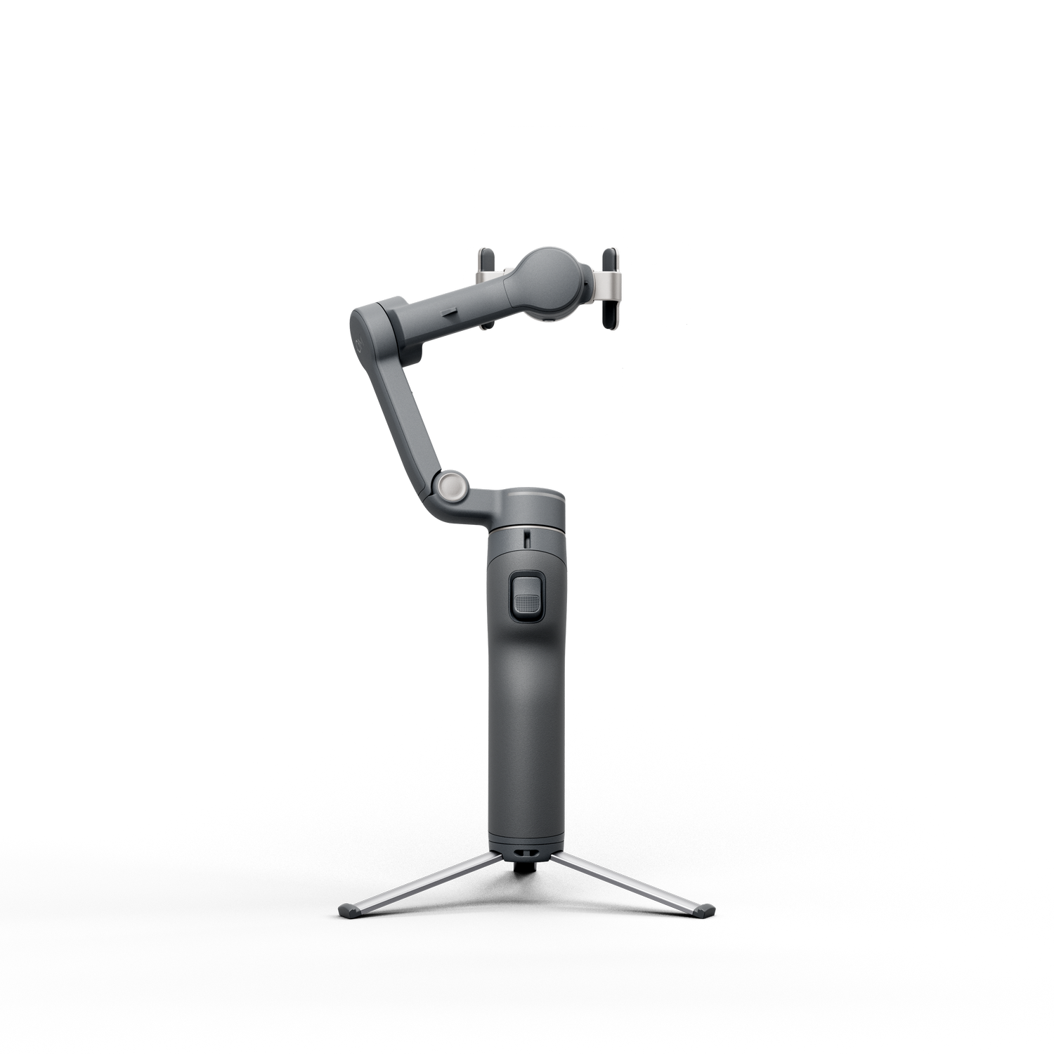 Gimbal gris con trípode sobre fondo negro.