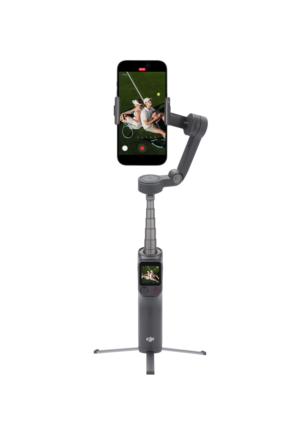 Un gimbal para smartphone con palo extendido, con una pareja en pantalla.