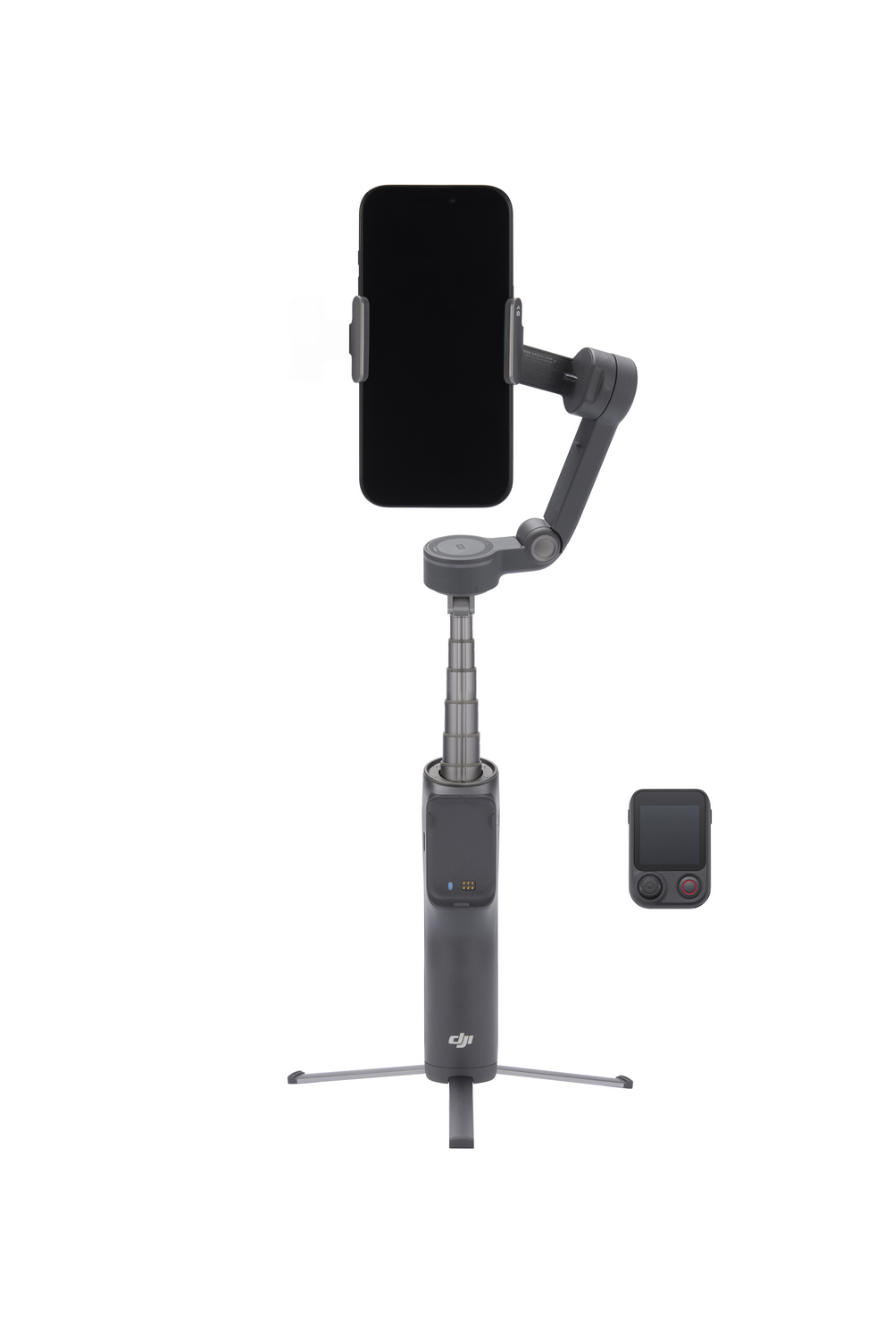 Un gimbal gris para smartphone con trípode y mando a distancia sobre fondo blanco.