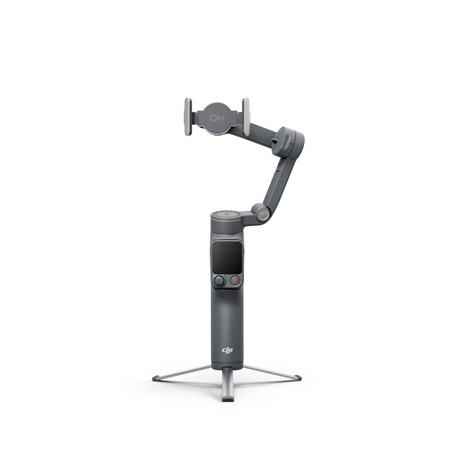 Un estabilizador cardán móvil DJI OM gris con base de trípode se alza sobre una superficie oscura.