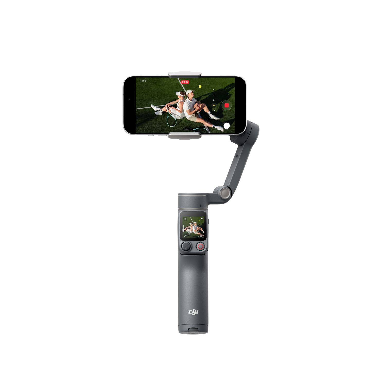Gimbal gris sostiene smartphone con tenistas en pantalla