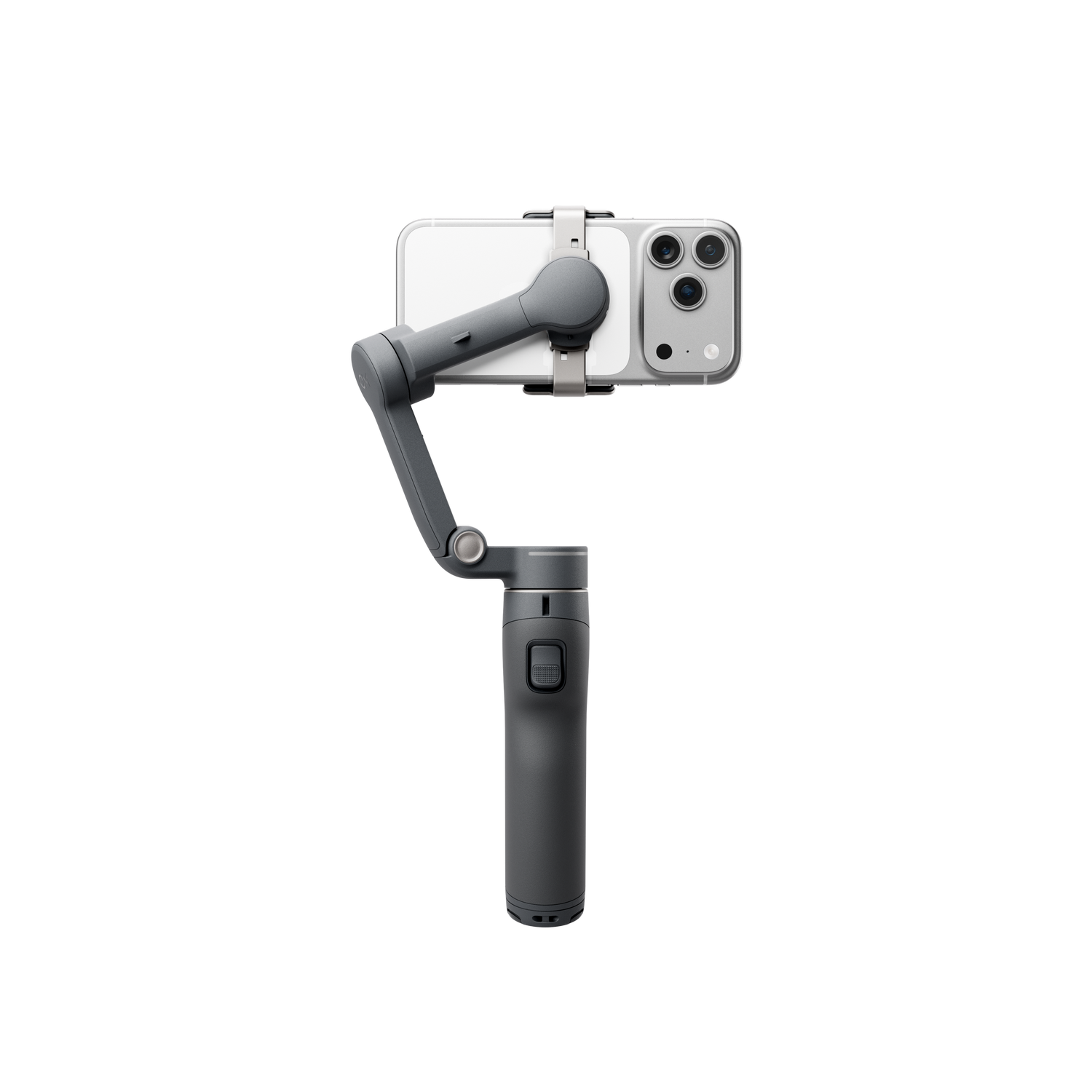 Gimbal gris sujetando un smartphone, listo para grabar.