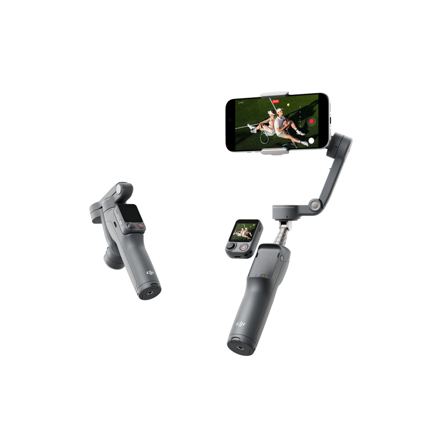 Gimbal gris con smartphone mostrando dos tenistas. Se ve una segunda pantalla pequeña.