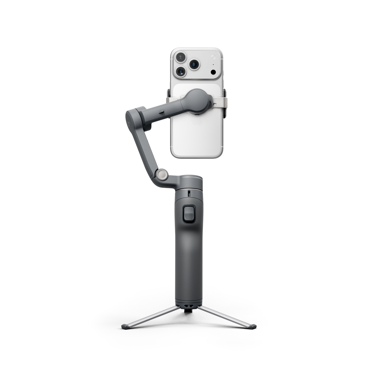 Gimbal gris con smartphone blanco y trípode sobre fondo gris.