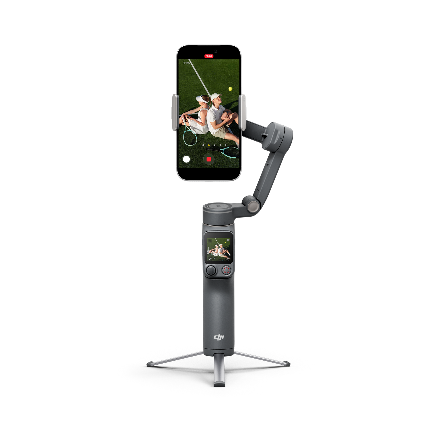 Gimbal gris con teléfono mostrando juego de tenis. Dos personas visibles en pantalla.