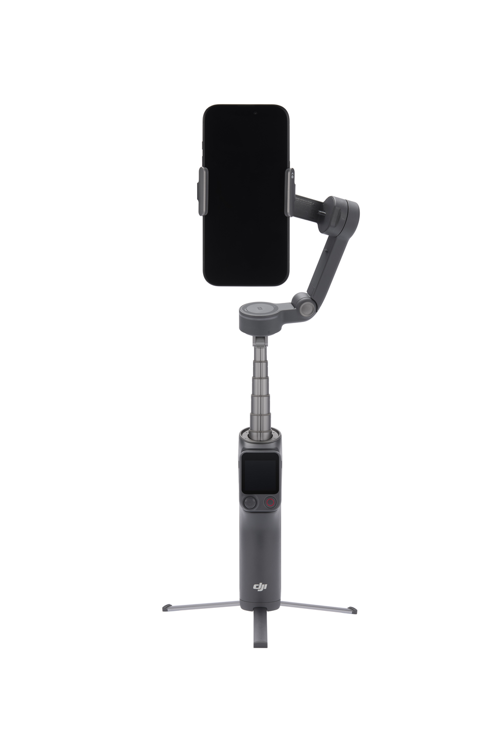Gimbal gris para smartphone con mango extensible y trípode.