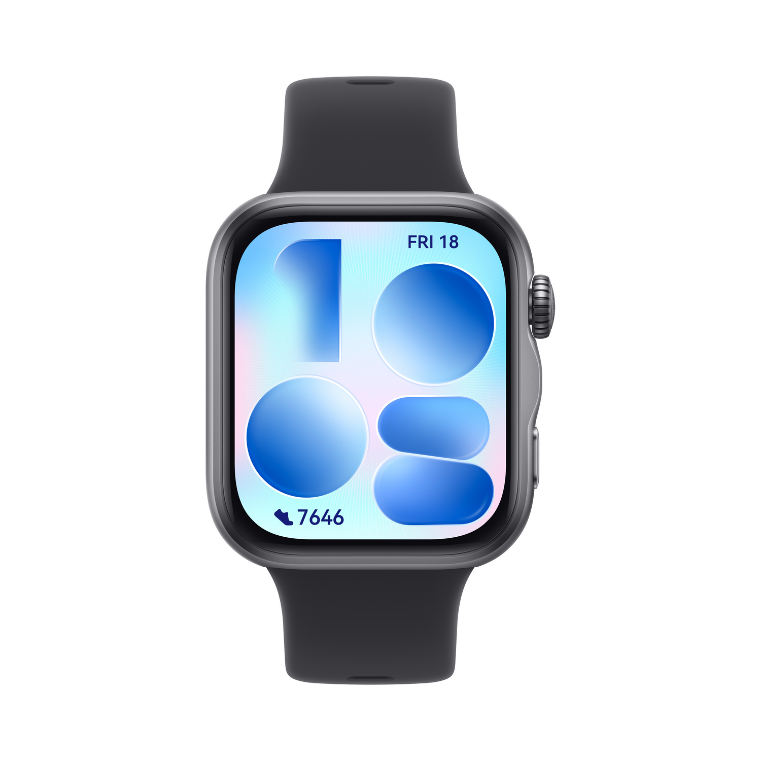 Un reloj inteligente gris con esfera colorida que muestra hora y pasos.