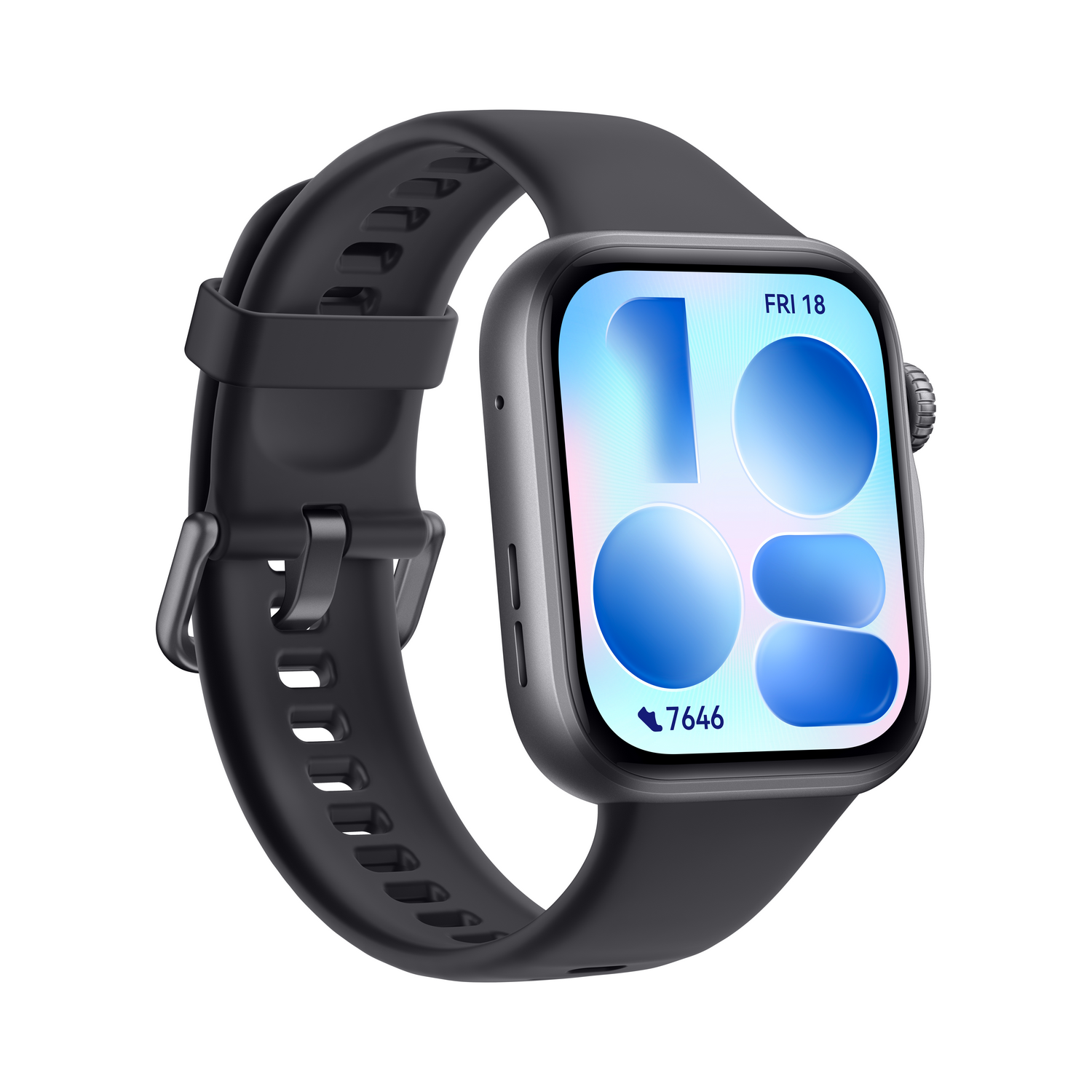 Un reloj inteligente negro moderno con pantalla cuadrada que muestra hora y pasos.