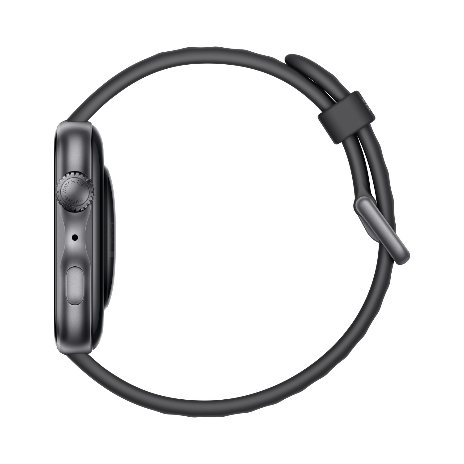 Reloj inteligente gris con correa negra, vista lateral.