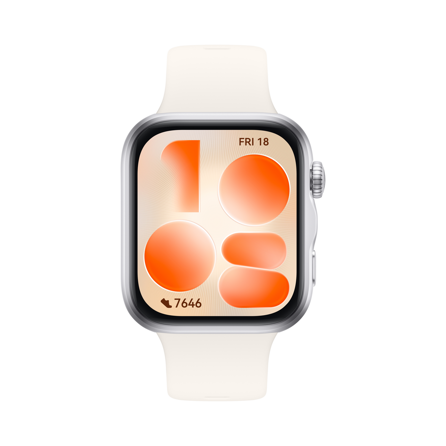 Un reloj inteligente blanco con carcasa plateada y dial con círculos naranjas.