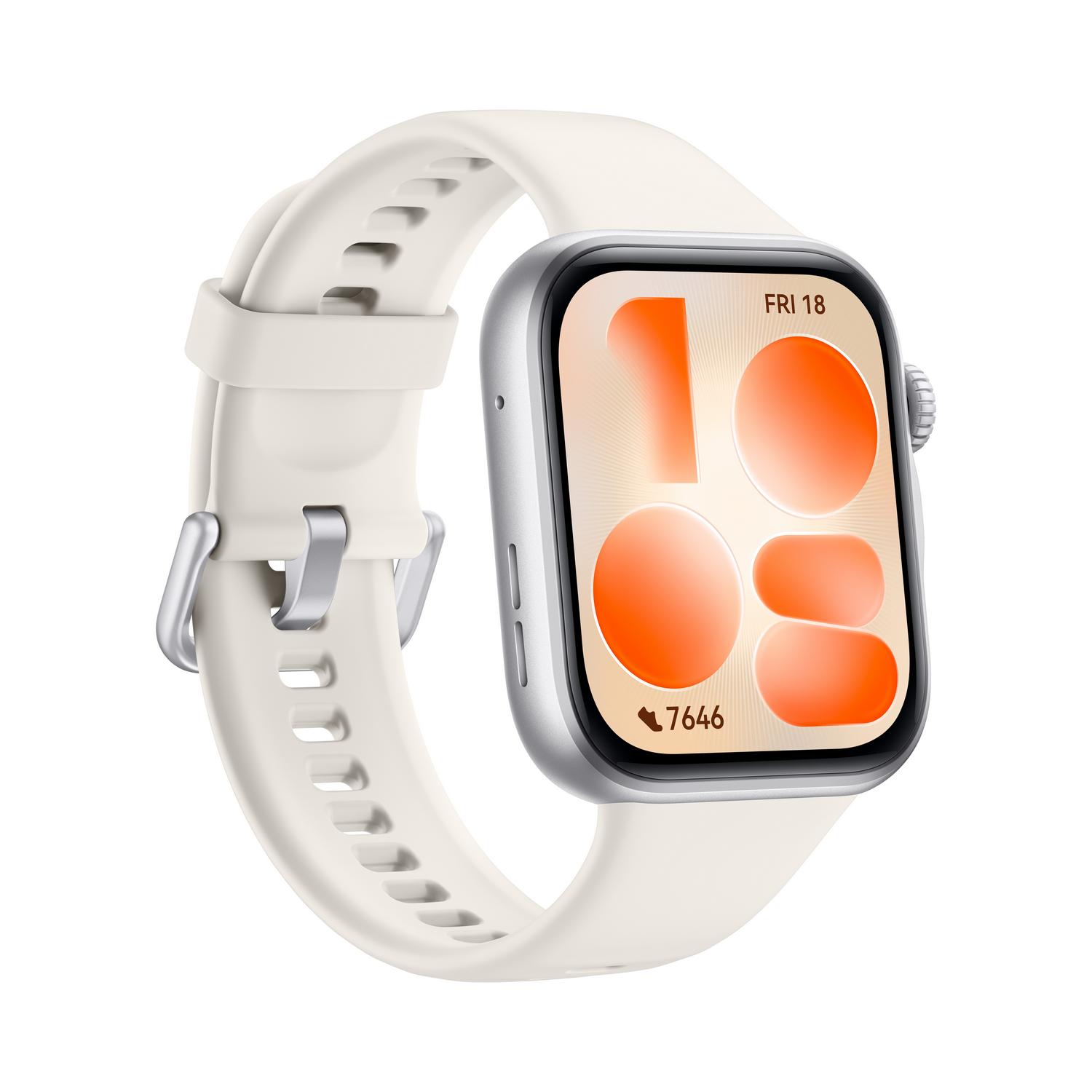 Un reloj inteligente blanco con caja plateada y pantalla digital moderna.