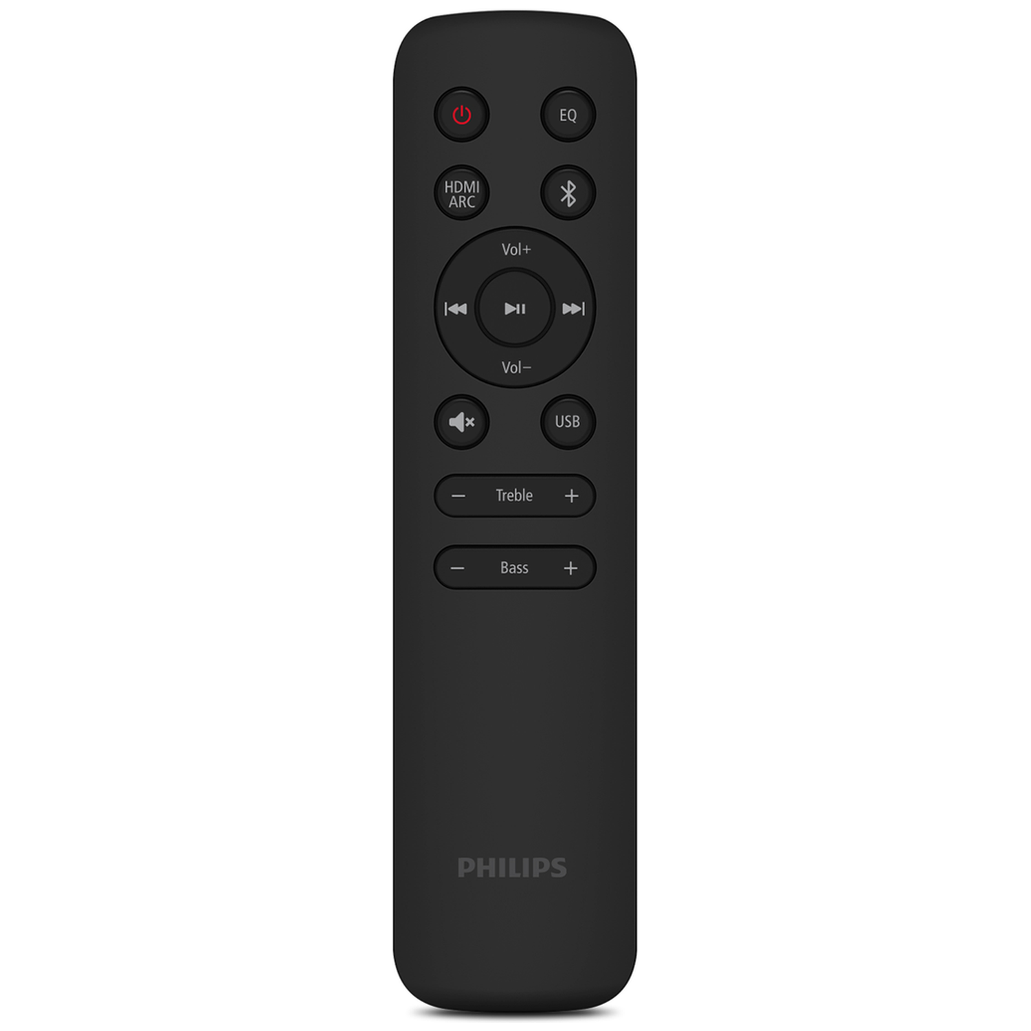 Zwarte Philips afstandsbediening met aan/uit, EQ, HDMI ARC en Bluetooth knoppen.