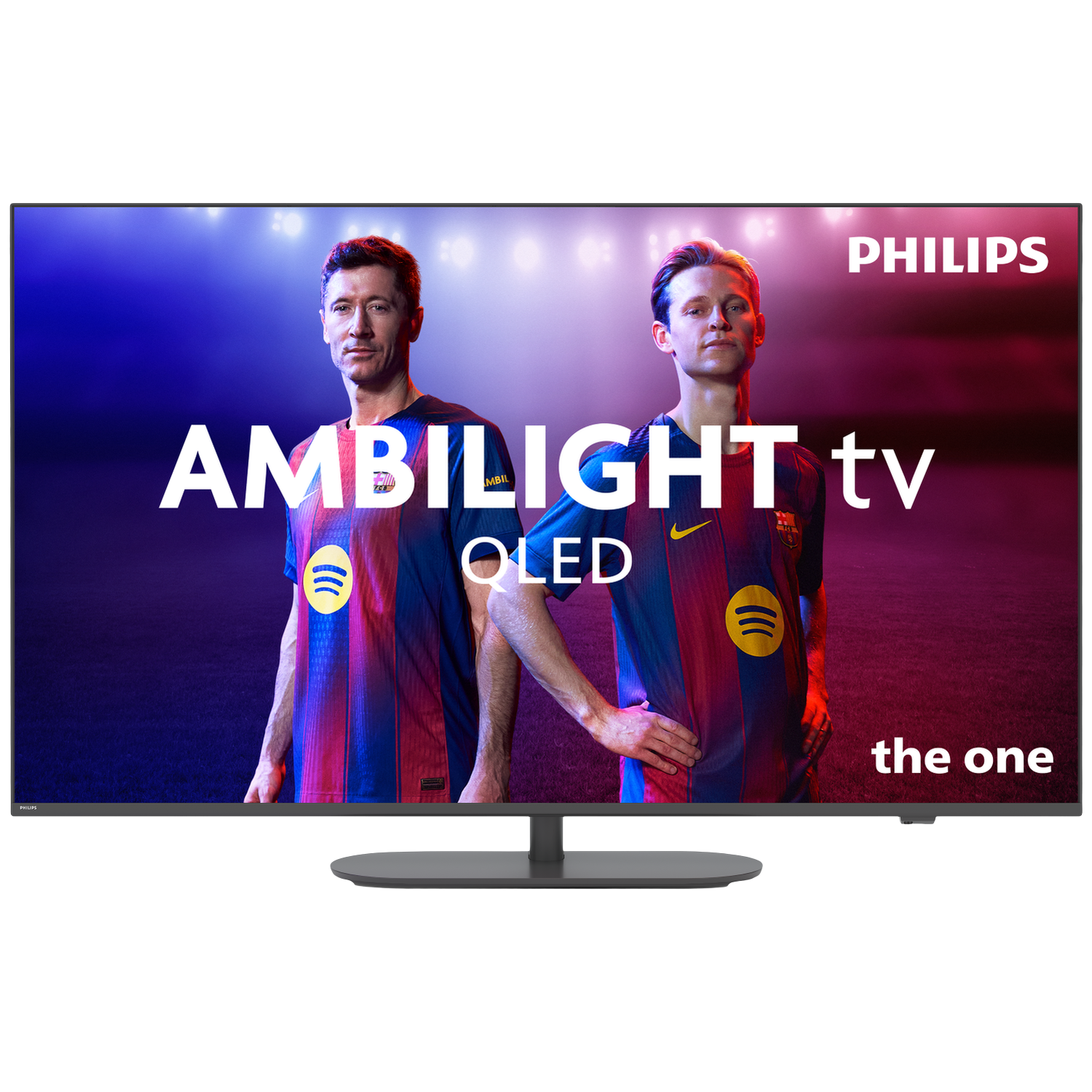 Philips Ambilight OLED TV met twee voetballers in Barcelona-tenues.