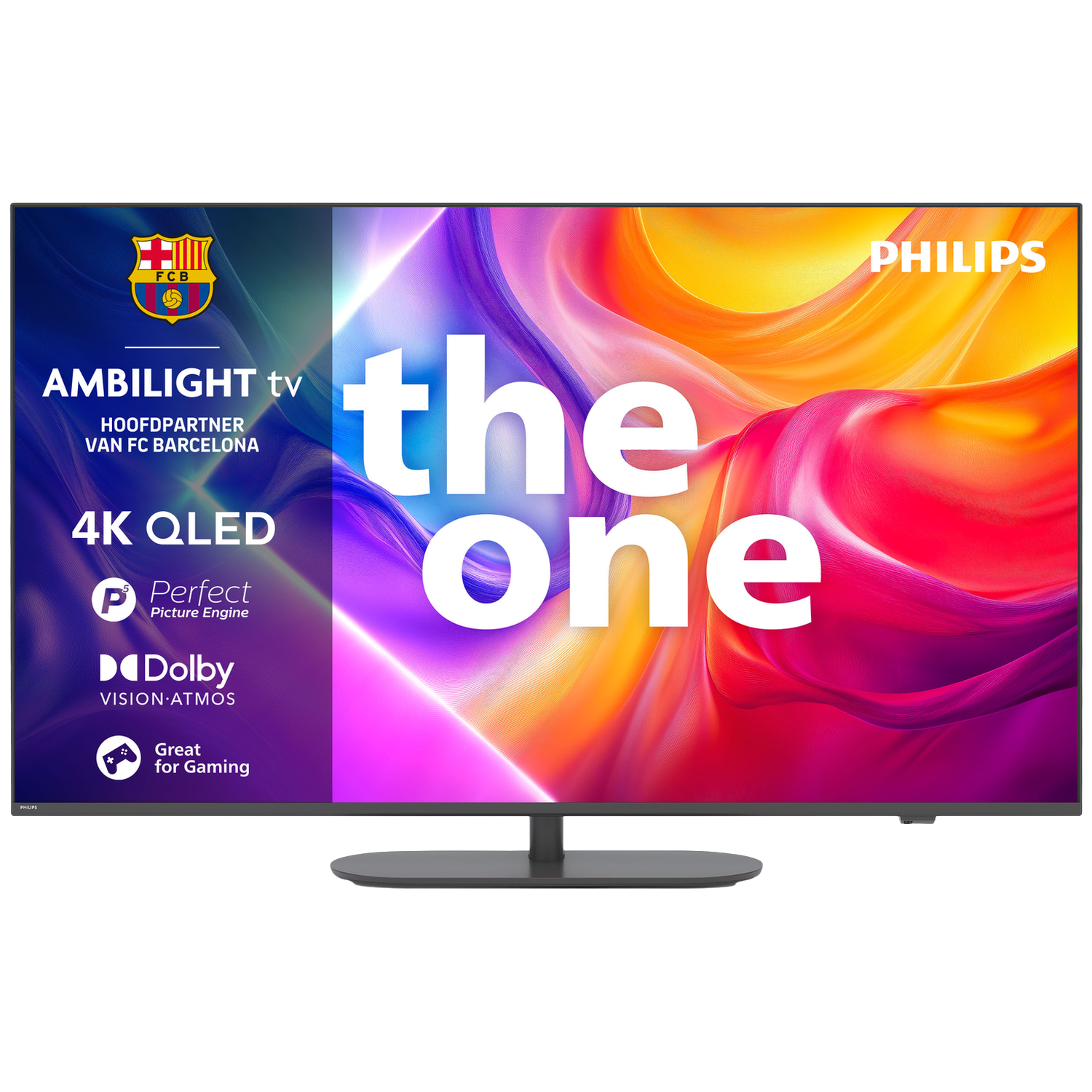 Philips 4K QLED TV met Ambilight, FC Barcelona logo en 'the one' tekst.