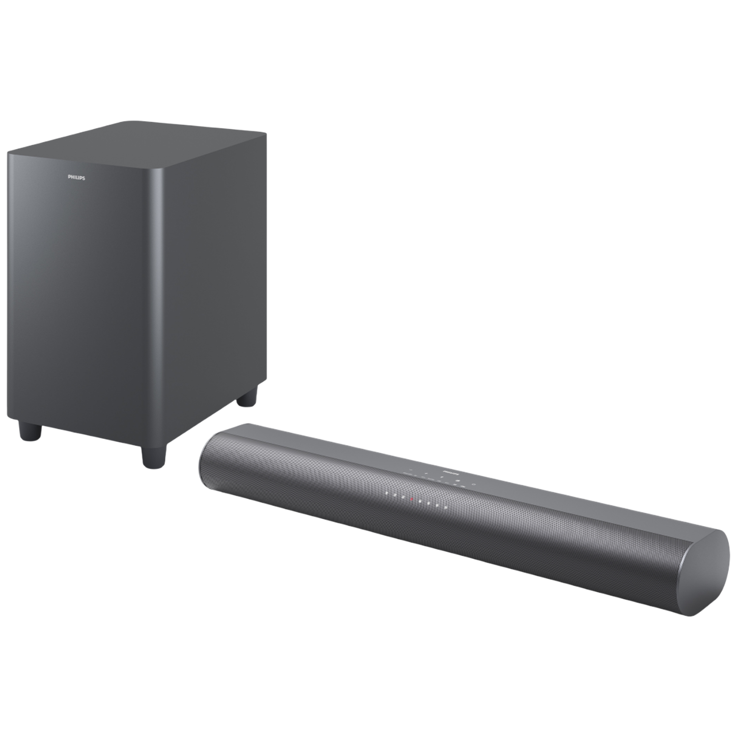 Grijze Philips soundbar en subwoofer op witte achtergrond.