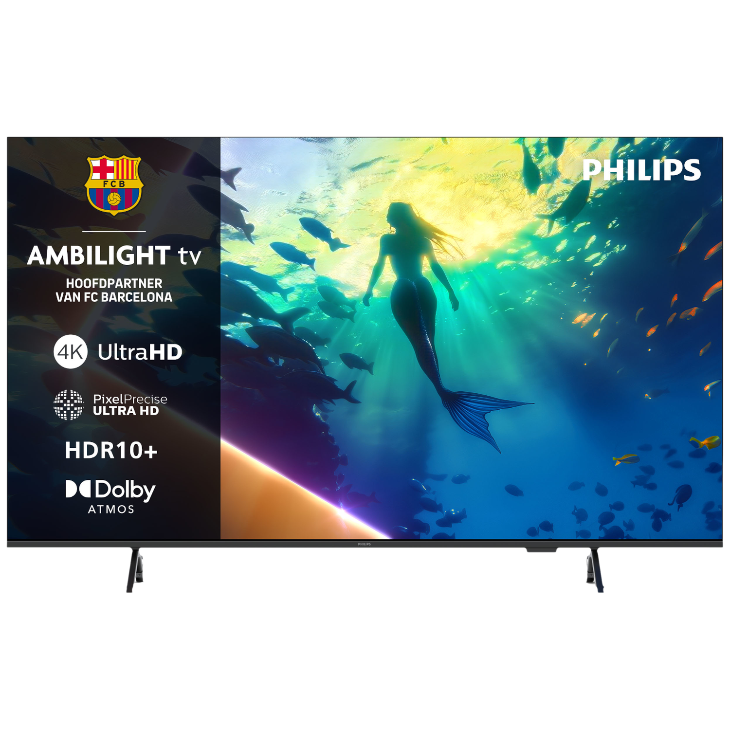 Een TV toont een zeemeermin en vissen onder water. Links FCB en Philips logo's.