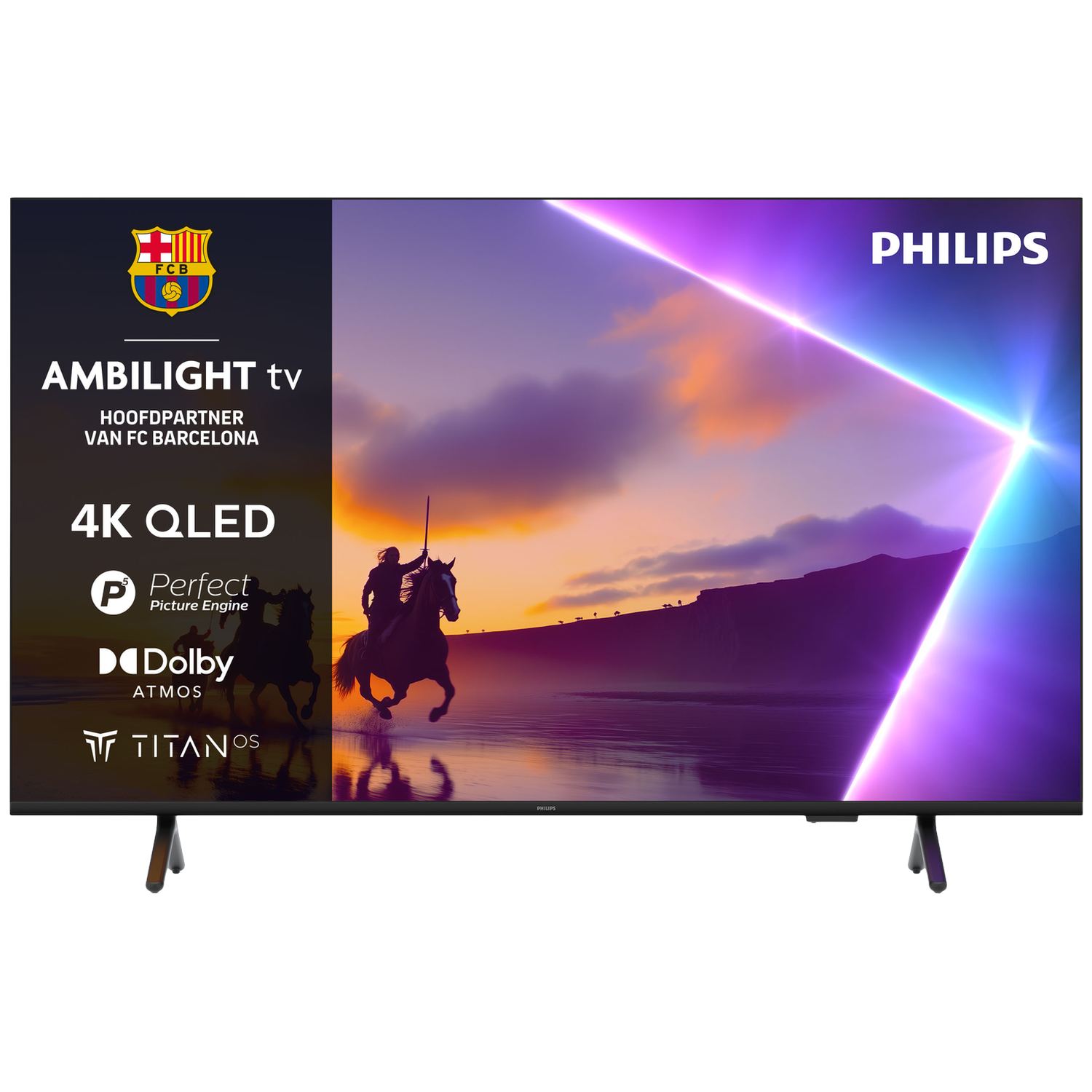 Philips Ambilight TV met FC Barcelona logo, 4K QLED, Dolby Atmos.