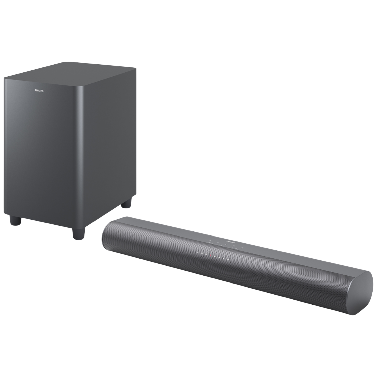 Een grijze subwoofer en een soundbar staan naast elkaar op een witte achtergrond.