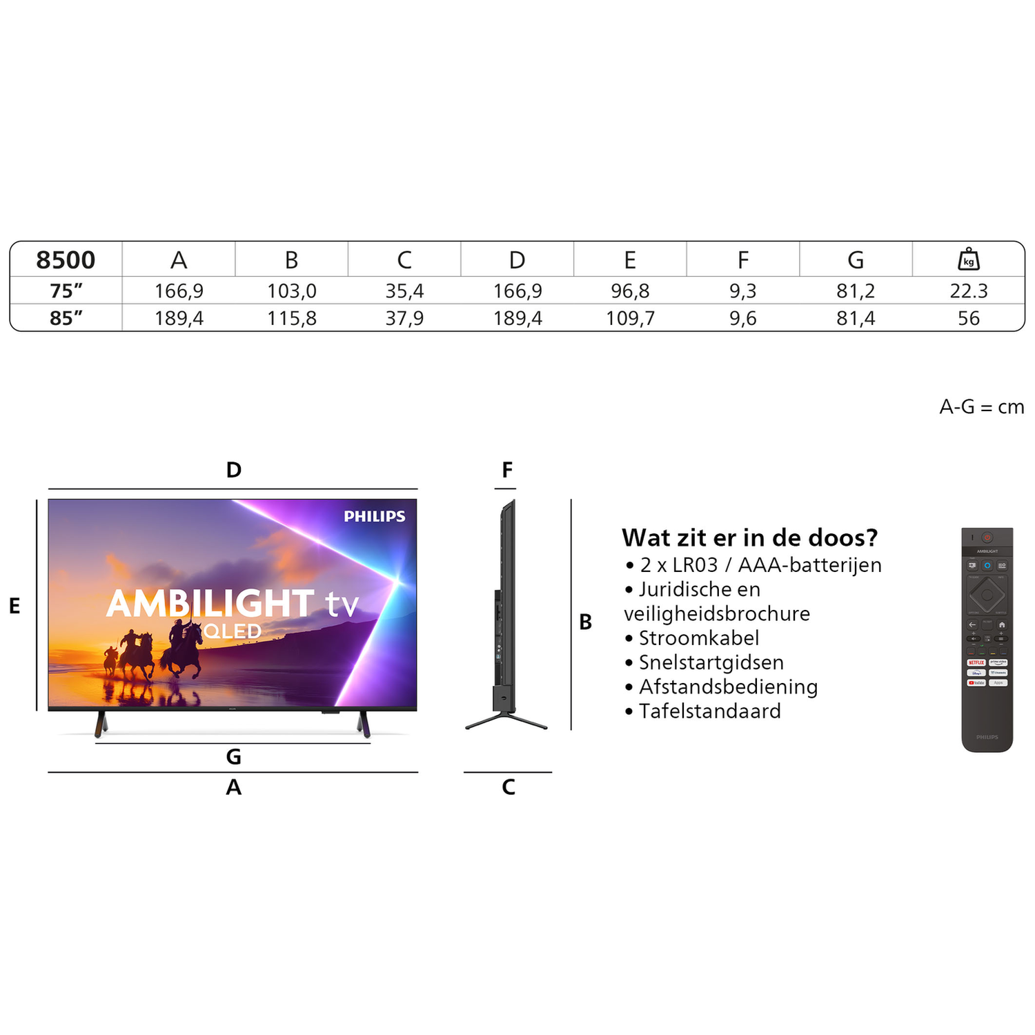 Tabel met tv-maten en afmetingen, tv-diagram, afstandsbediening en inhoudsopgave.
