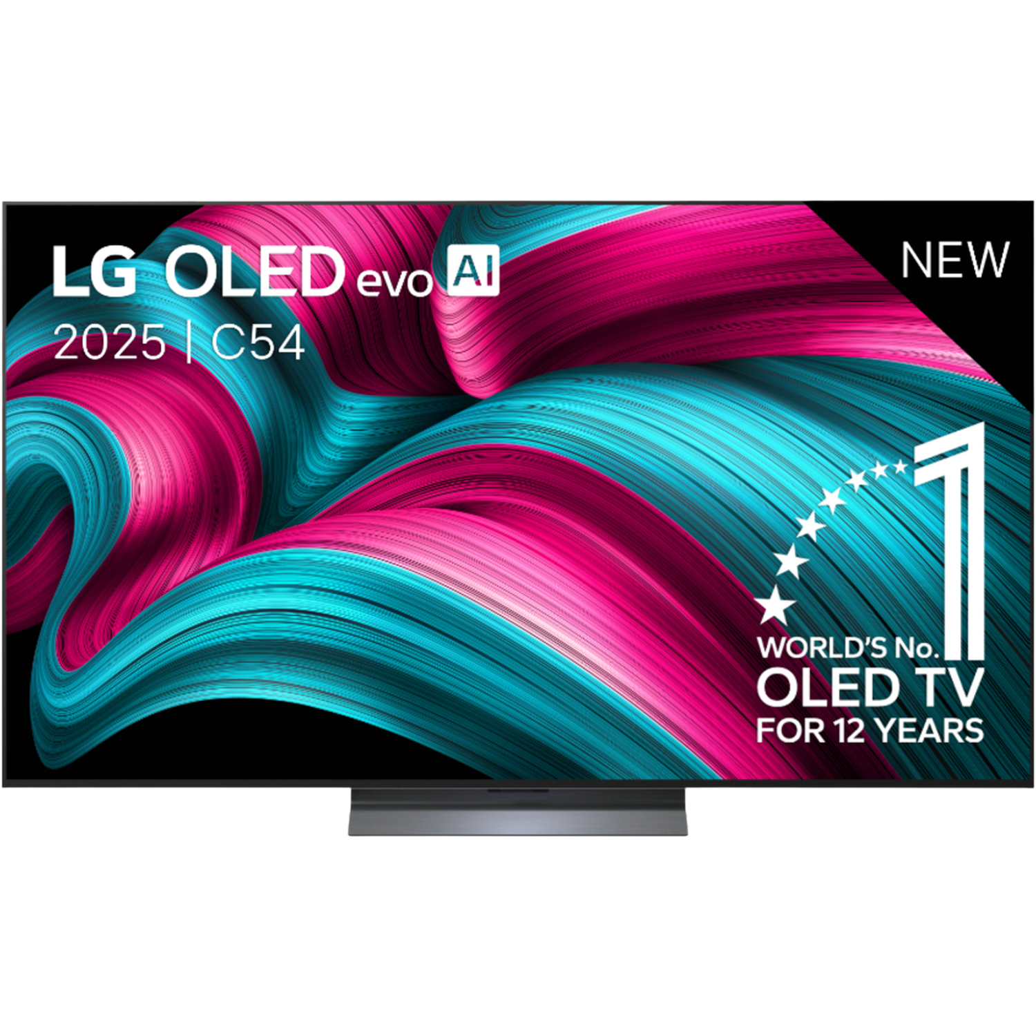 LG OLED evo AI 2025 C54 TV met kleurrijk abstract scherm en tekst 'Werelds Nr. 1 OLED TV'.