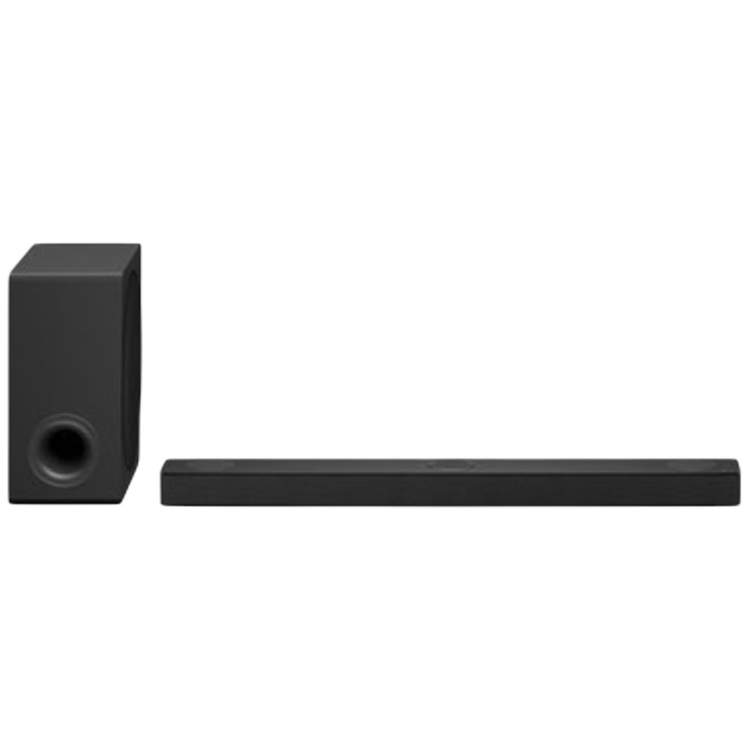 Zwarte subwoofer en soundbar op witte achtergrond.