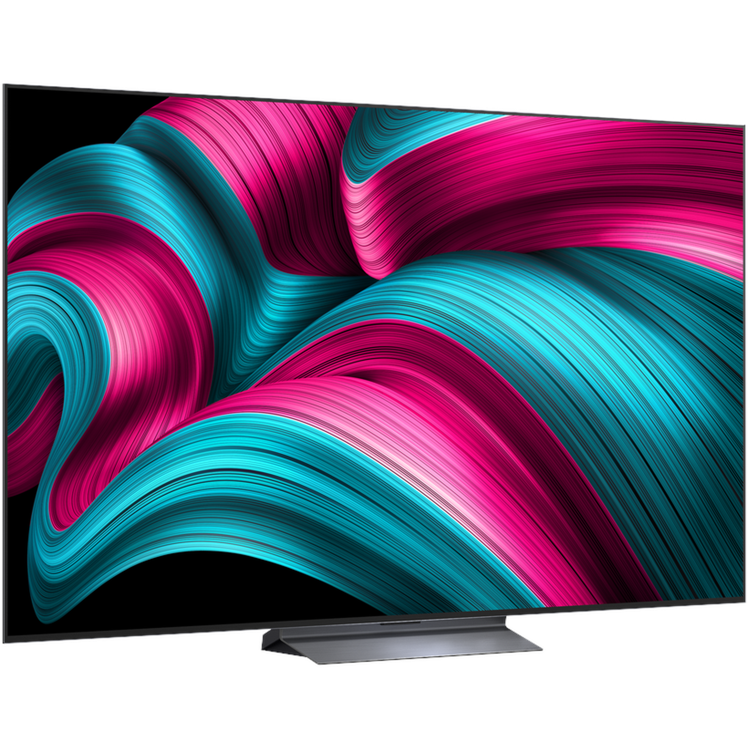 Een moderne flatscreen-tv met een abstract, wervelend patroon van roze en turquoise kleuren.