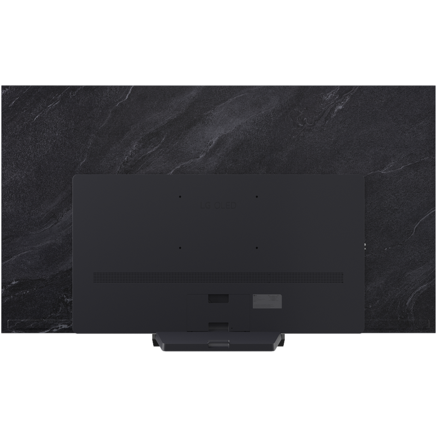 Achterkant van een zwarte LG OLED TV tegen een marmeren achtergrond.